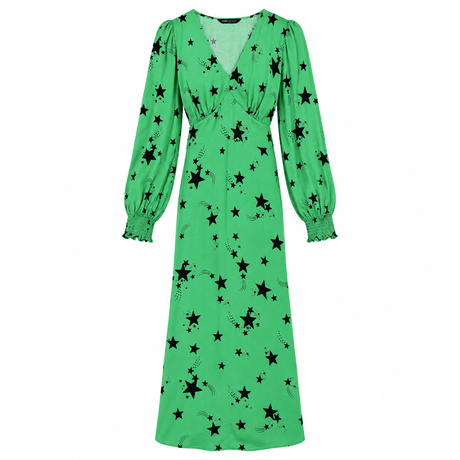 Midi Dress Green Viscose Star Print V Neck Long