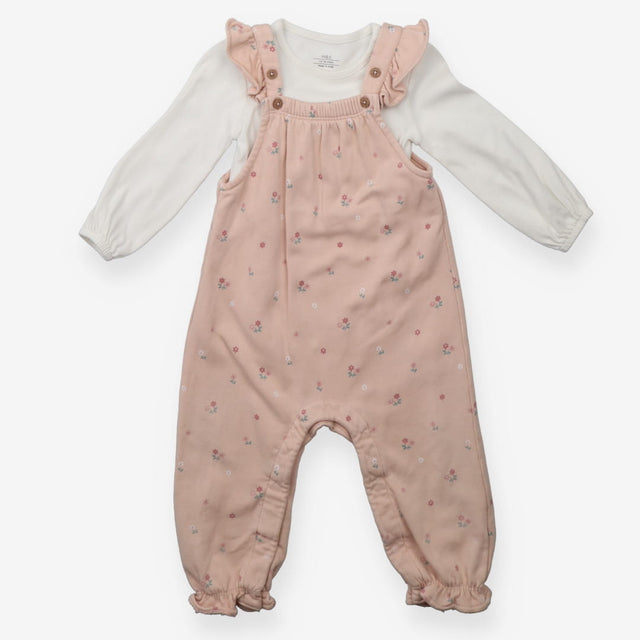 Dungarees pink jersey small flowers frill shoulder