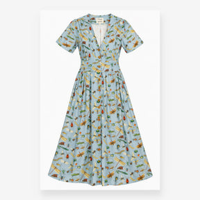 Dress Insect Print Blue Viscose Midi V-Neck Short 