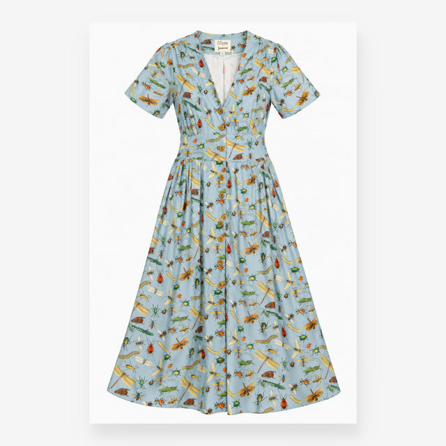 Dress Insect Print Blue Viscose Midi V-Neck Short 