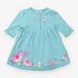 Jersey Dress Turquoise with Robins and Flowers