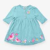 Jersey Dress Turquoise with Robins and Flowers