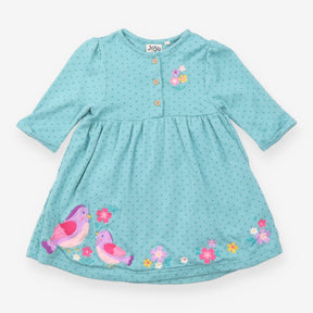 Jersey Dress Turquoise with Robins and Flowers