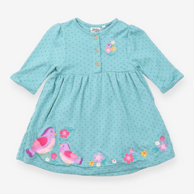 Jersey Dress Turquoise with Robins and Flowers