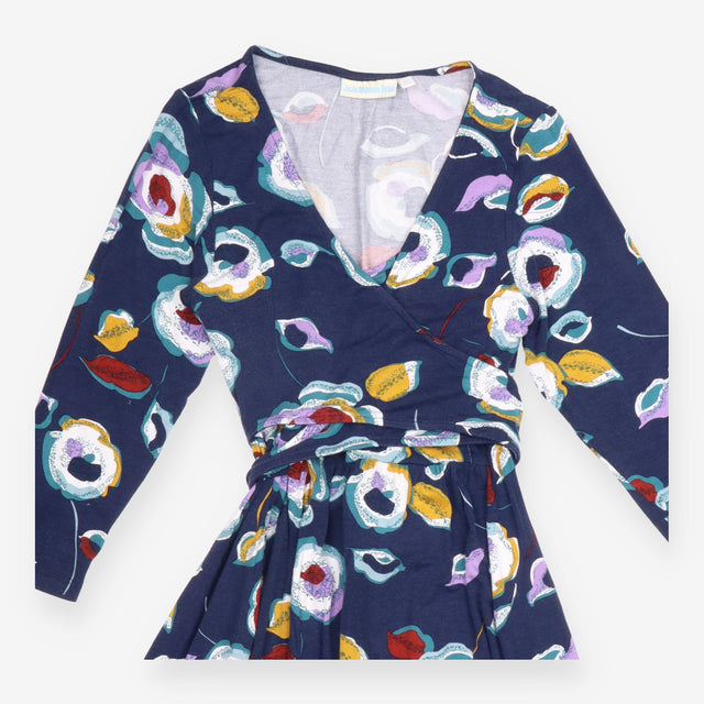 Dress Navy Blue Floral Print Long Sleeve Midi V-Ne