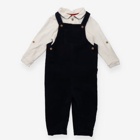 Dungaree Navy Velour with Cream Bodysuit and Brown