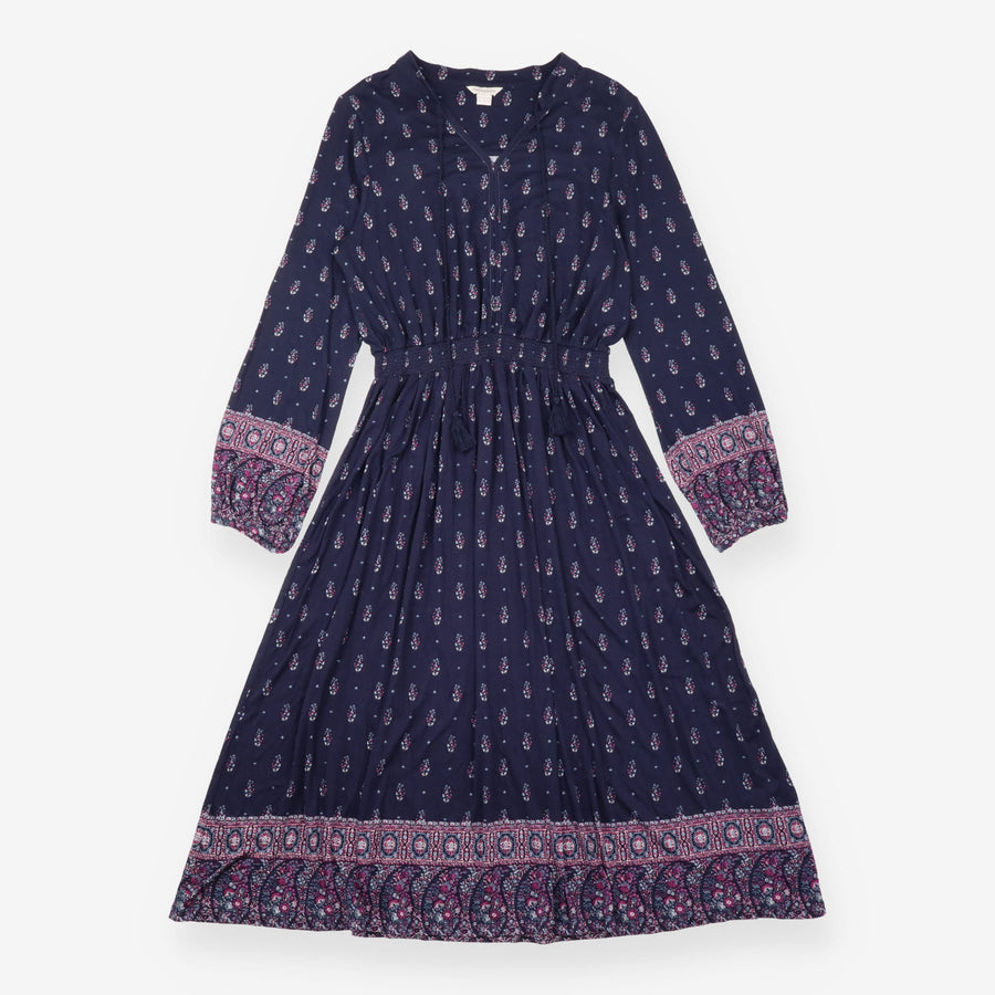 Maxi Dress Navy Ditsy Floral Print Shirred Waist