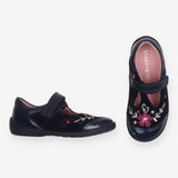 T Bar shoes navy blue flowers suede patent toe