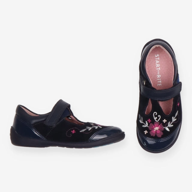 T Bar shoes navy blue flowers suede patent toe