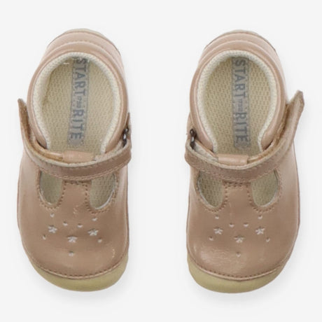 B Shoes patent T bar taupe 