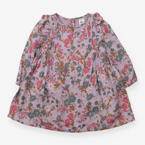 Dress woven purple flowers frill shoulder pintucks