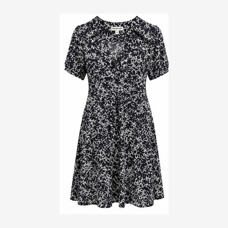 Abstract Print Cupro V-Neck Short Sleeve Dress Nav