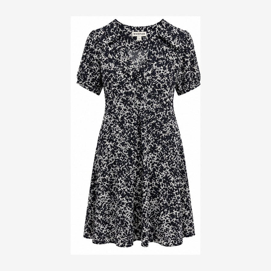Abstract Print Cupro V-Neck Short Sleeve Dress Nav