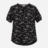 Black Cream Bird and Branch Print Short Sleeve Hen