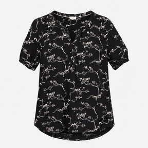 Black Cream Bird and Branch Print Short Sleeve Hen