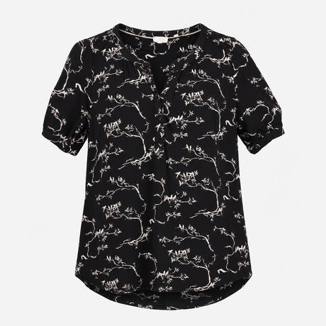Black Cream Bird and Branch Print Short Sleeve Hen