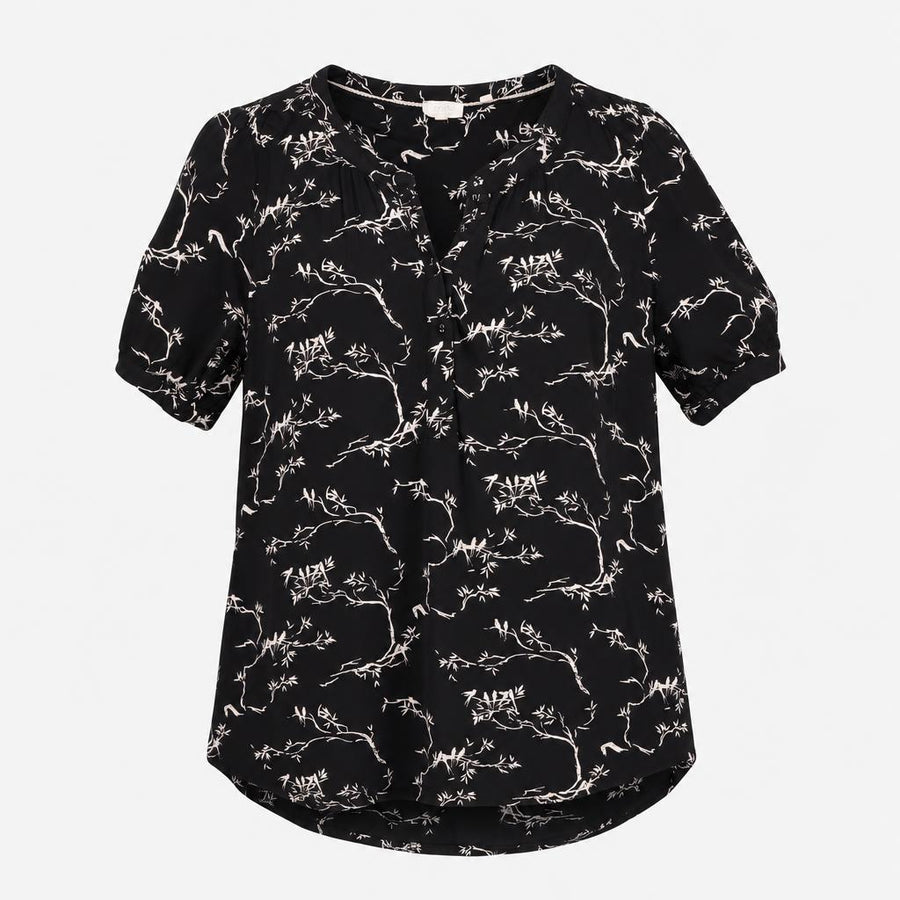 Black Cream Bird and Branch Print Short Sleeve Hen