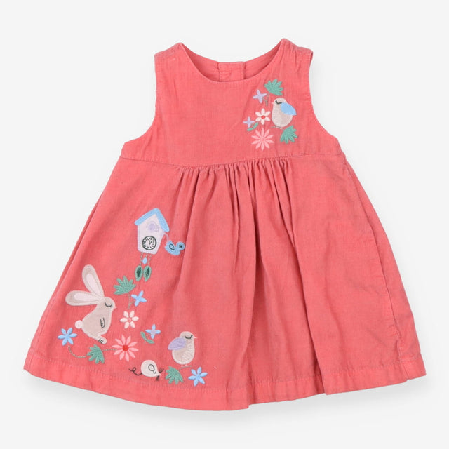 Pink cord dress with bunnies and birds