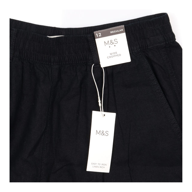 Black Linen Rich Wide Leg Cropped Trousers