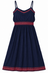 Embroidered Navy Strappy Midi Dress