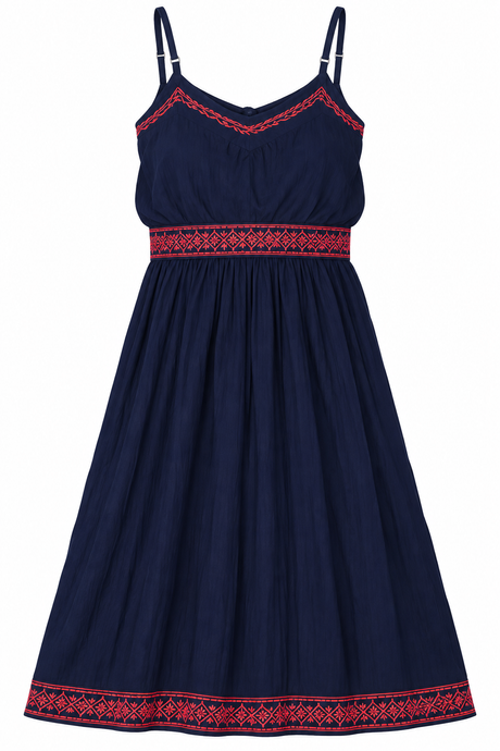 Embroidered Navy Strappy Midi Dress