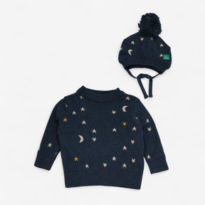 Sweater grey blue stars and moon & hat 
