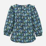 Top Blue Green Floral Print Tie Neck 100% Organic 