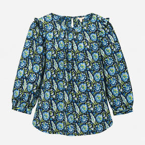 Top Blue Green Floral Print Tie Neck 100% Organic 
