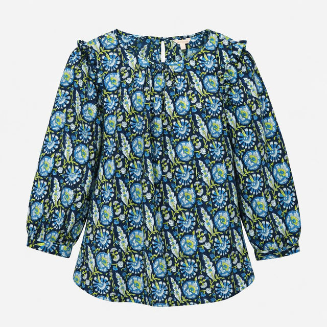 Top Blue Green Floral Print Tie Neck 100% Organic 