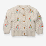 Cardigan White Cable Knit with Flower Appliques