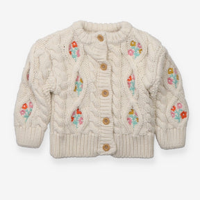 Cardigan White Cable Knit with Flower Appliques