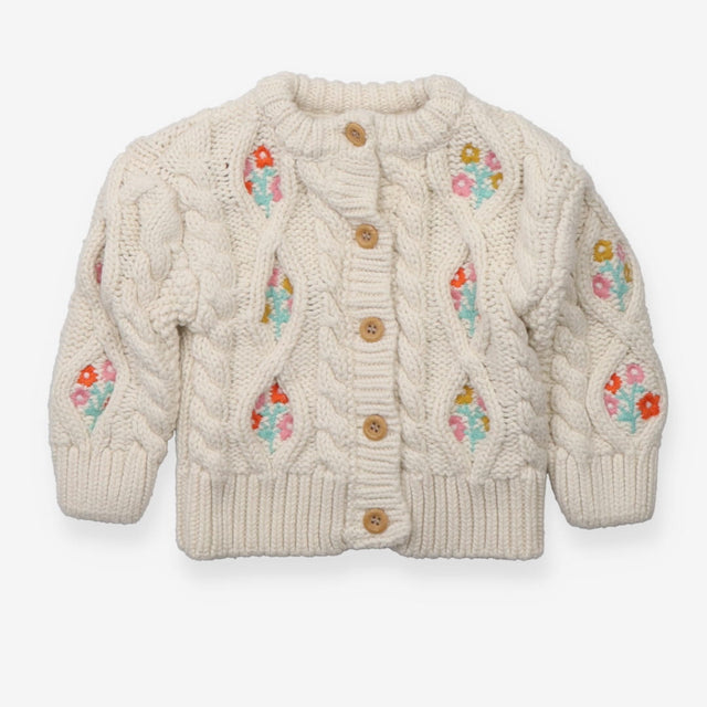 Cardigan White Cable Knit with Flower Appliques