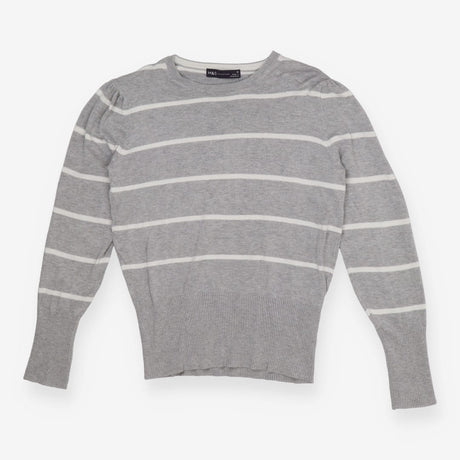 Grey & White Puff Sleeve Sweater – Soft Knit Contr