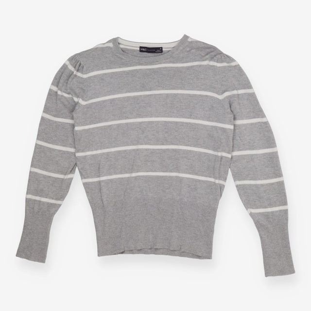 Grey & White Puff Sleeve Sweater – Soft Knit Contr