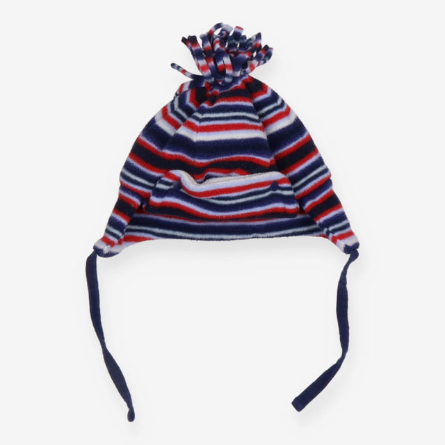 Fleece hat blue/red stripe with bobble