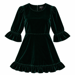Mini Dress Velvet Green Tiered Frill Sleeve