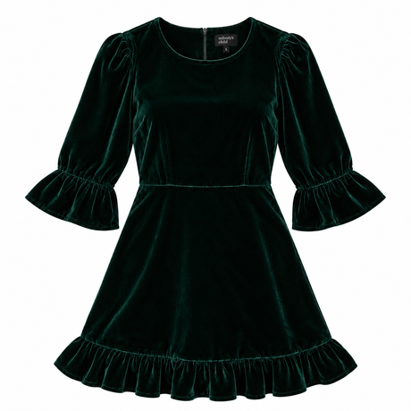 Mini Dress Velvet Green Tiered Frill Sleeve