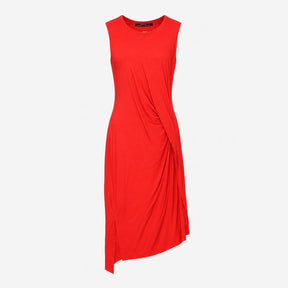 Dress Red Asymmetric Draped Sleeveless Round Neck