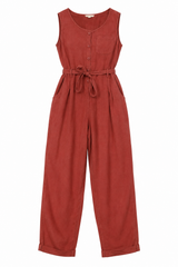Jumpsuit Rust Linen Blend Sleeveless Button Front 