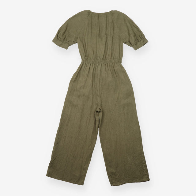 Jumpsuit in Linen V-Neck Belted Button Down Olive 