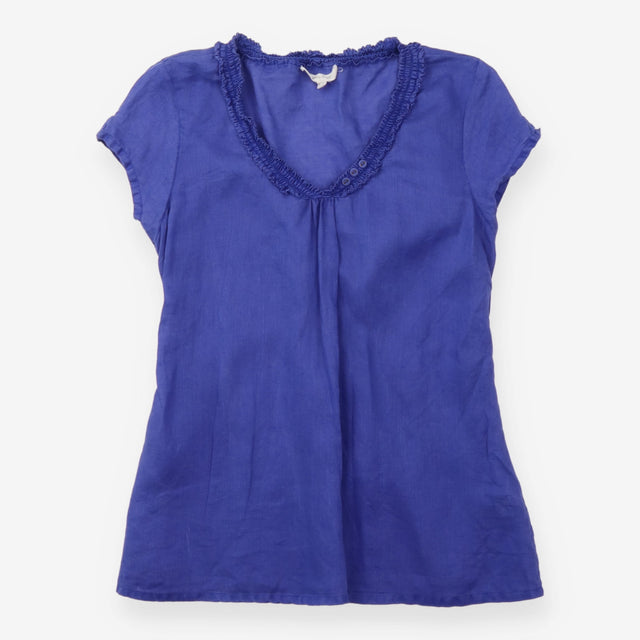 Short Sleeve Top Cobalt Blue Gathered Button Neckl