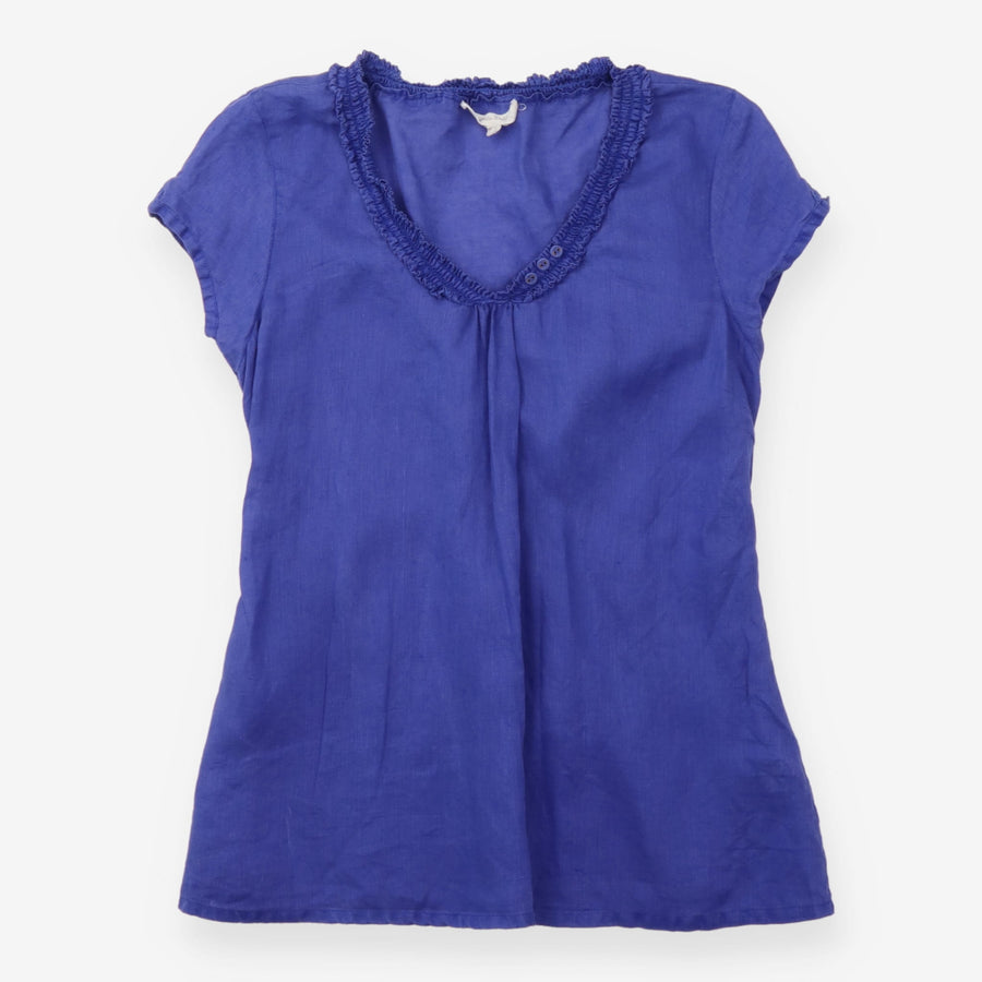 Short Sleeve Top Cobalt Blue Gathered Button Neckl