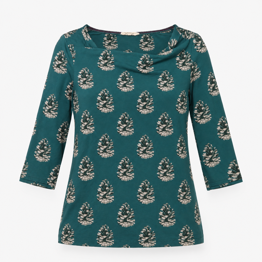 Green Pinecone Print Cowl Neck Jersey Top