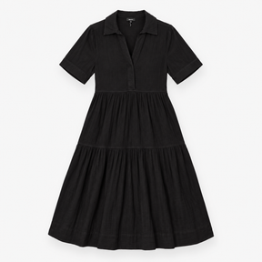 Shirt Dress in Black Cotton with Tiered Skirt