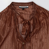 Bronze Metallic Sheer Silk Blend Tie Neck Pleated 