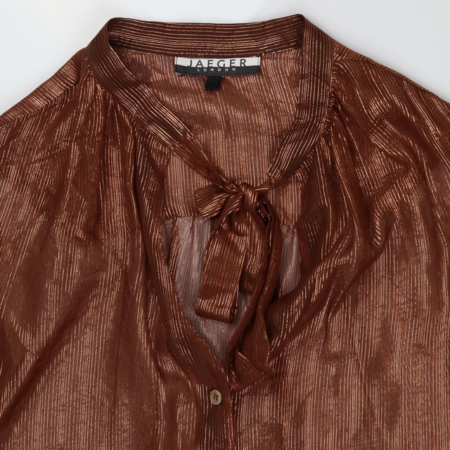 Bronze Metallic Sheer Silk Blend Tie Neck Pleated 