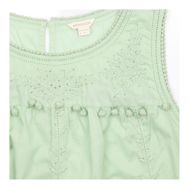 Mint Green 100% Cotton Floral Embroidered Pom Pom 