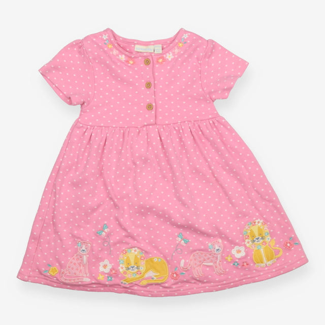 Pink spot jersey dress with lion cheetah applique