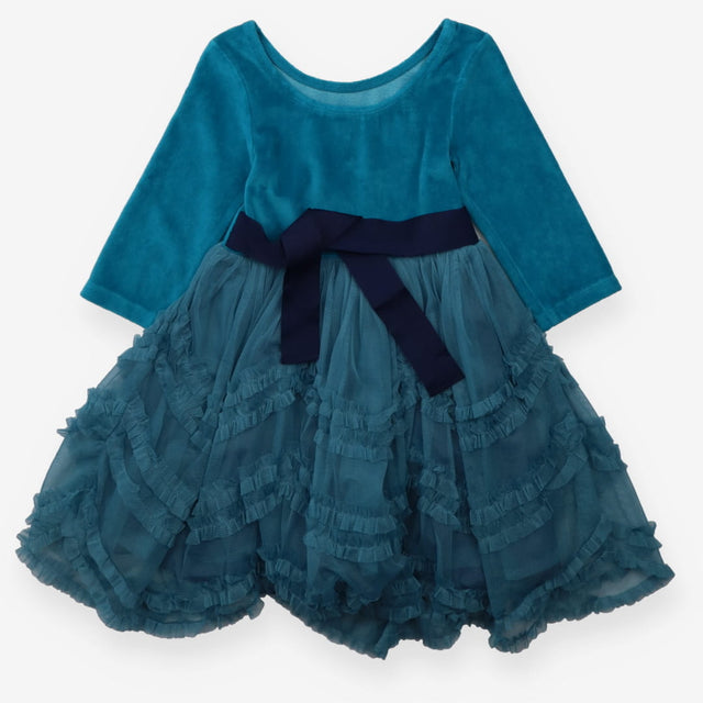Dress teal velour tulle ruffle skirt