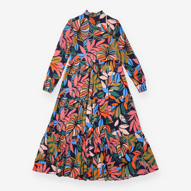Navy Tropical Botanical Leaf Print Tiered Maxi Shi